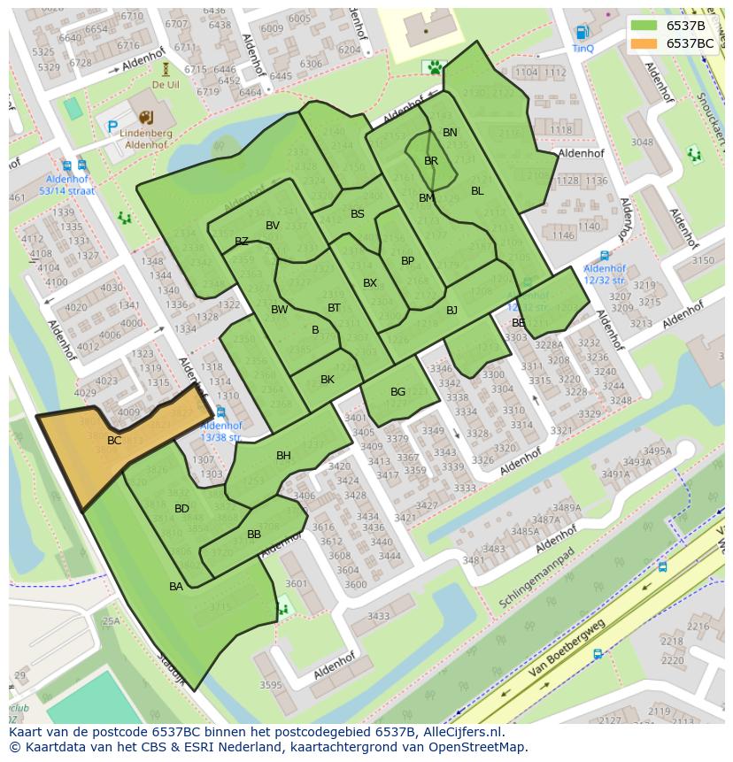 Afbeelding van het postcodegebied 6537 BC op de kaart.