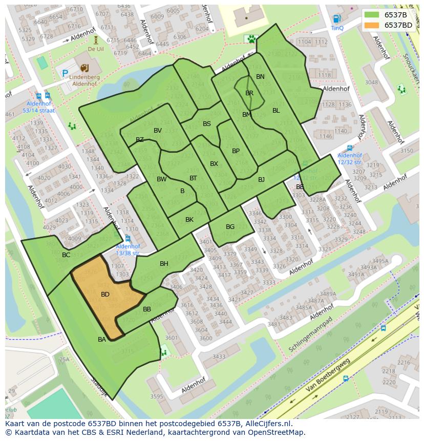 Afbeelding van het postcodegebied 6537 BD op de kaart.