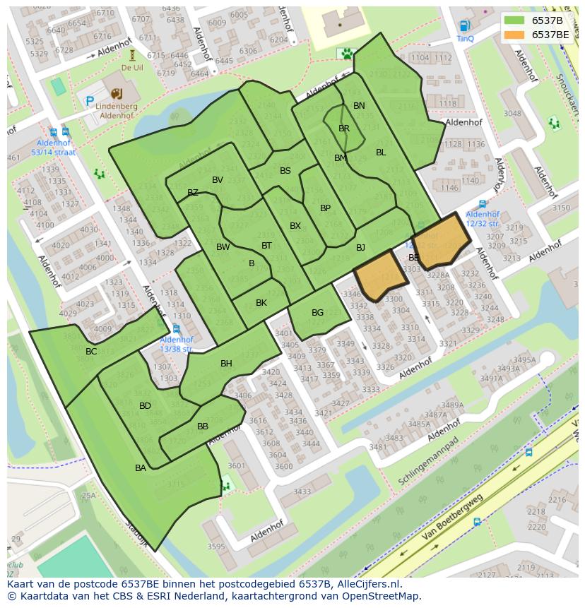 Afbeelding van het postcodegebied 6537 BE op de kaart.