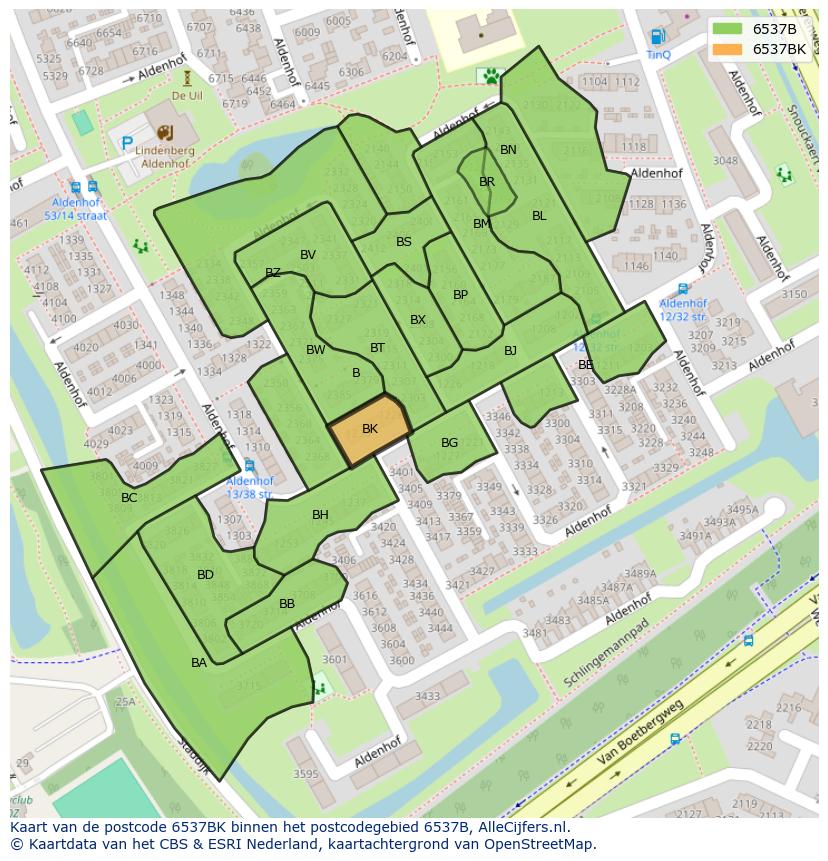 Afbeelding van het postcodegebied 6537 BK op de kaart.