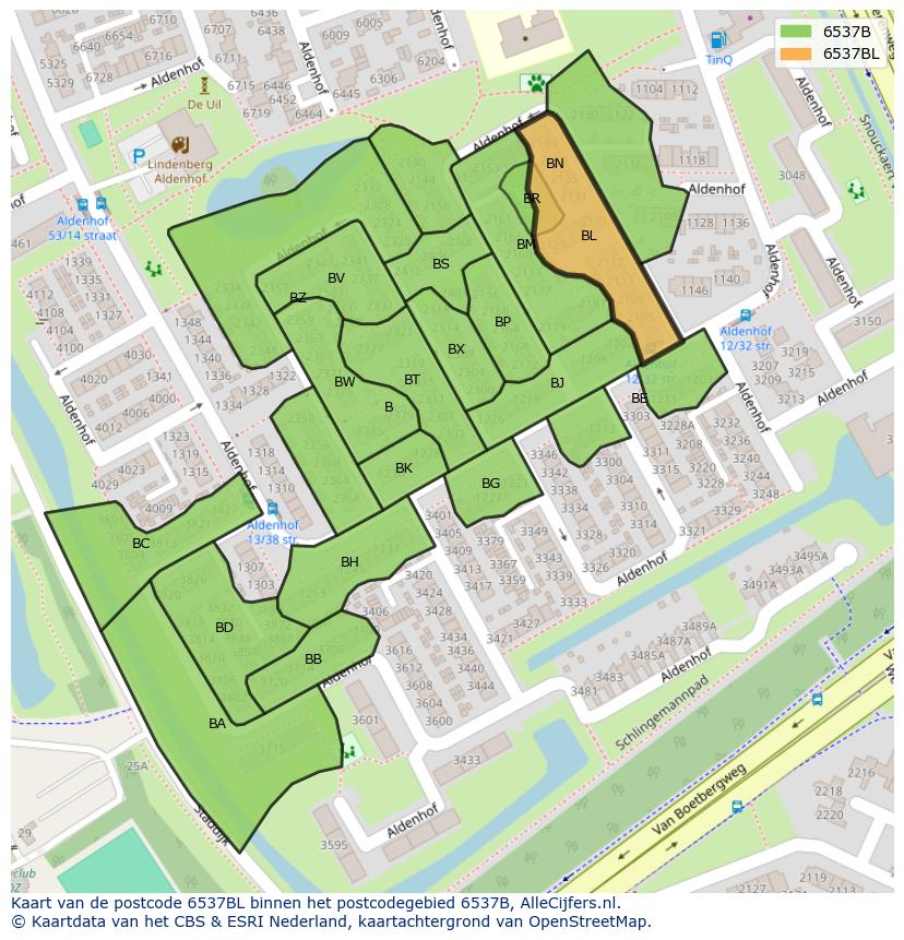 Afbeelding van het postcodegebied 6537 BL op de kaart.
