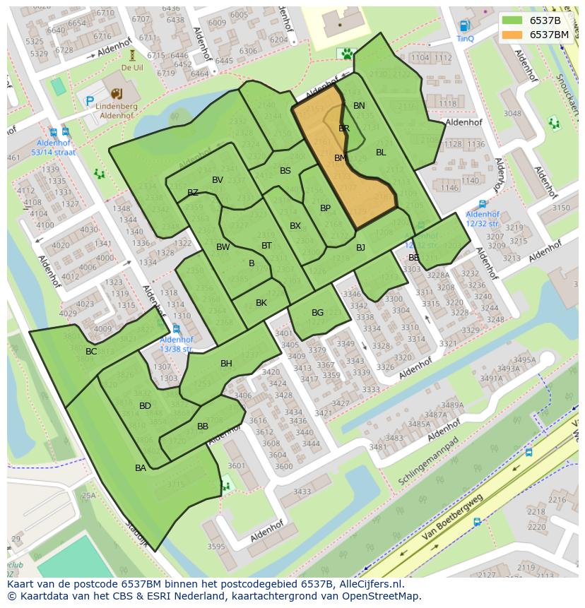 Afbeelding van het postcodegebied 6537 BM op de kaart.