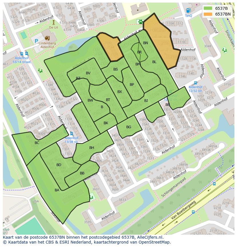 Afbeelding van het postcodegebied 6537 BN op de kaart.