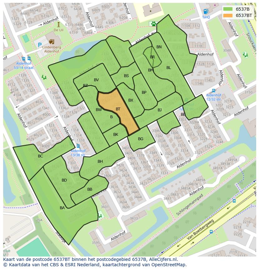 Afbeelding van het postcodegebied 6537 BT op de kaart.