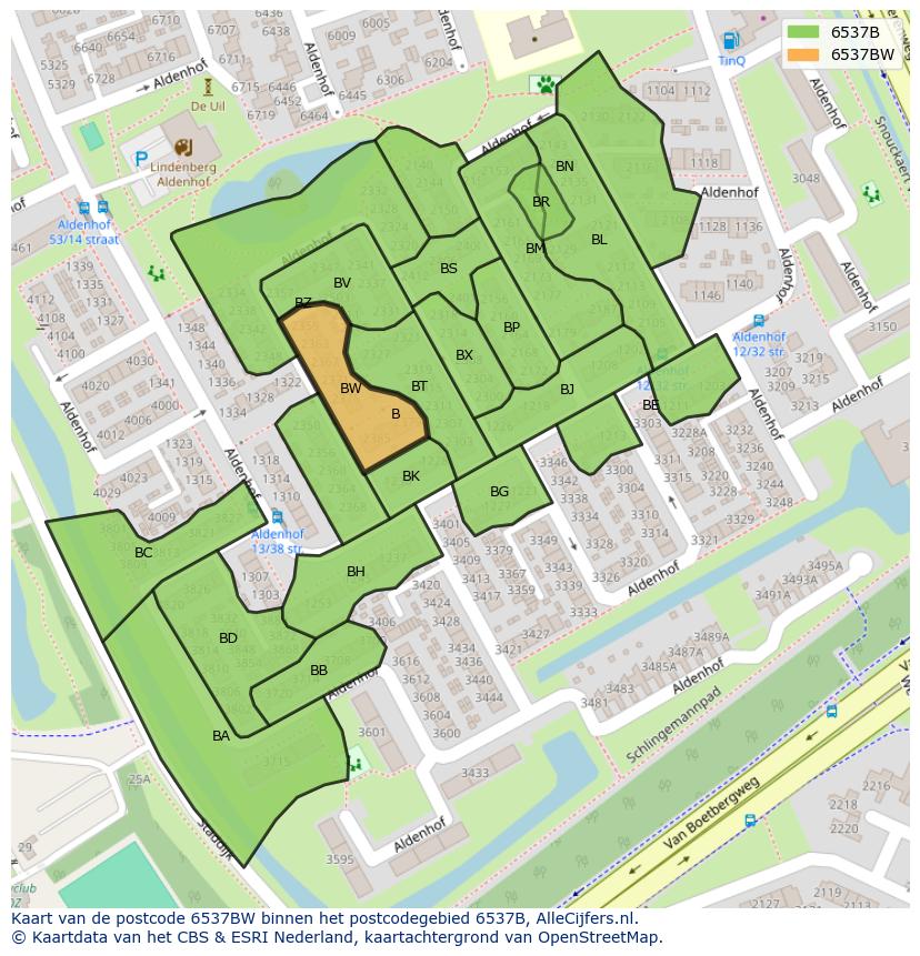Afbeelding van het postcodegebied 6537 BW op de kaart.