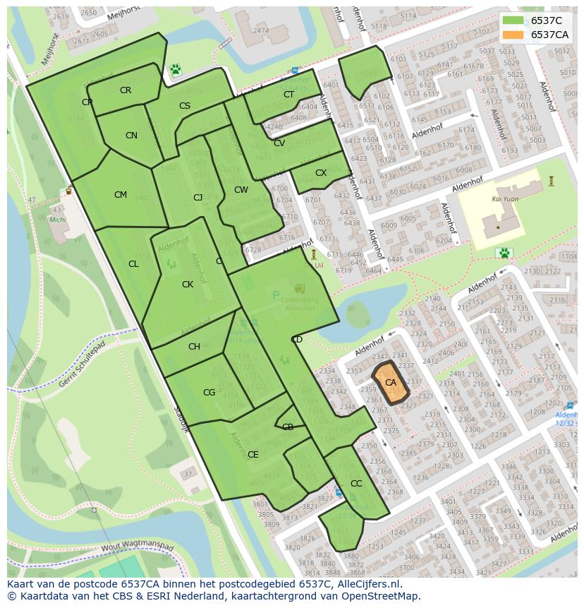 Afbeelding van het postcodegebied 6537 CA op de kaart.