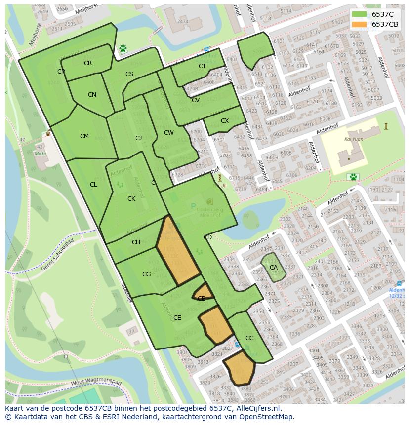 Afbeelding van het postcodegebied 6537 CB op de kaart.
