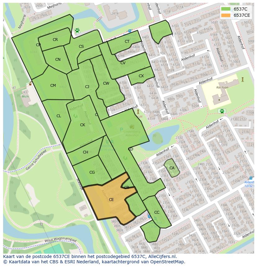 Afbeelding van het postcodegebied 6537 CE op de kaart.