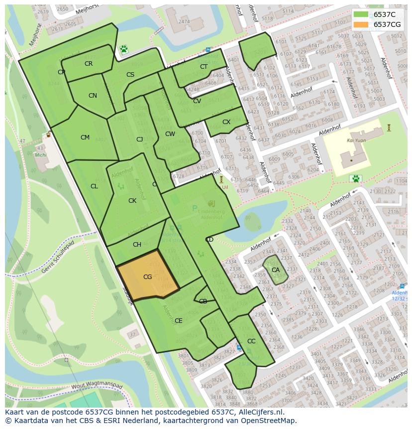 Afbeelding van het postcodegebied 6537 CG op de kaart.
