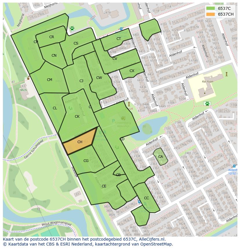 Afbeelding van het postcodegebied 6537 CH op de kaart.