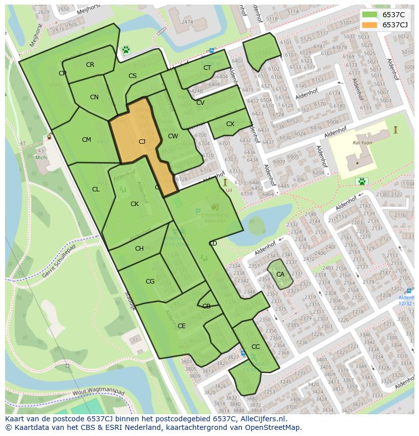 Afbeelding van het postcodegebied 6537 CJ op de kaart.