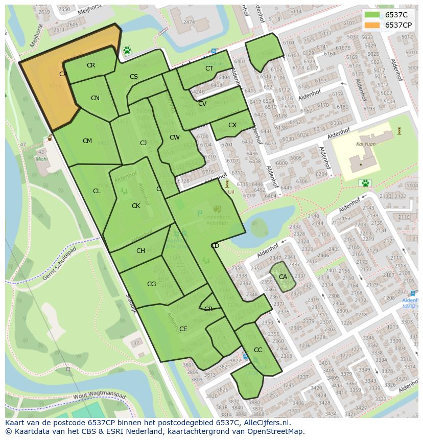 Afbeelding van het postcodegebied 6537 CP op de kaart.