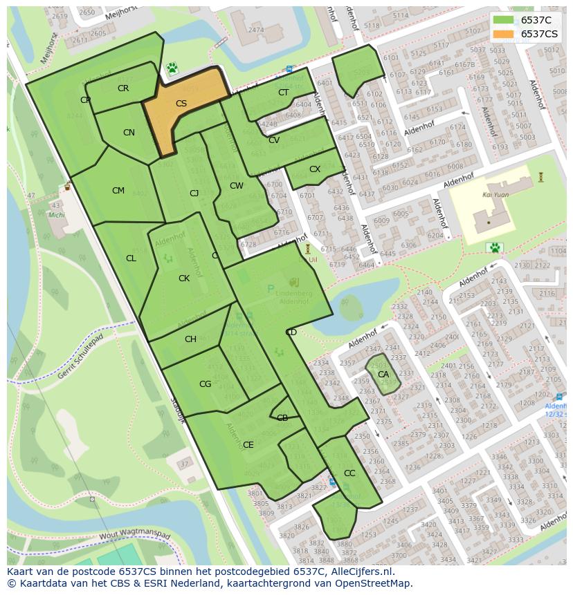 Afbeelding van het postcodegebied 6537 CS op de kaart.