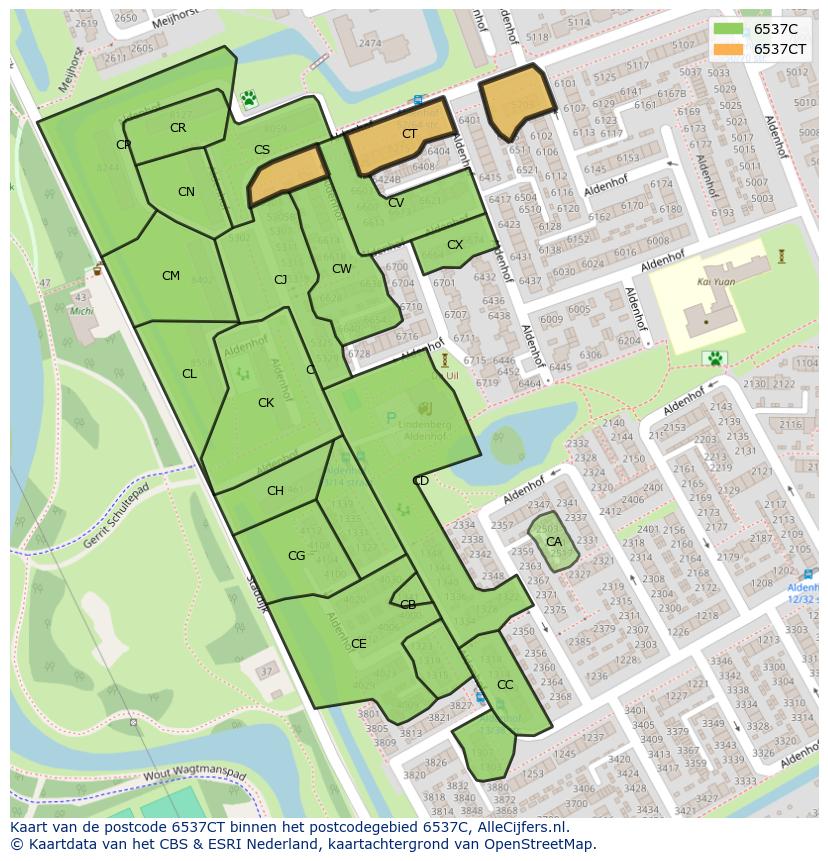 Afbeelding van het postcodegebied 6537 CT op de kaart.