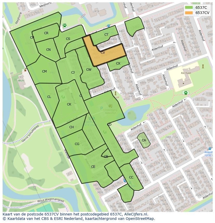 Afbeelding van het postcodegebied 6537 CV op de kaart.
