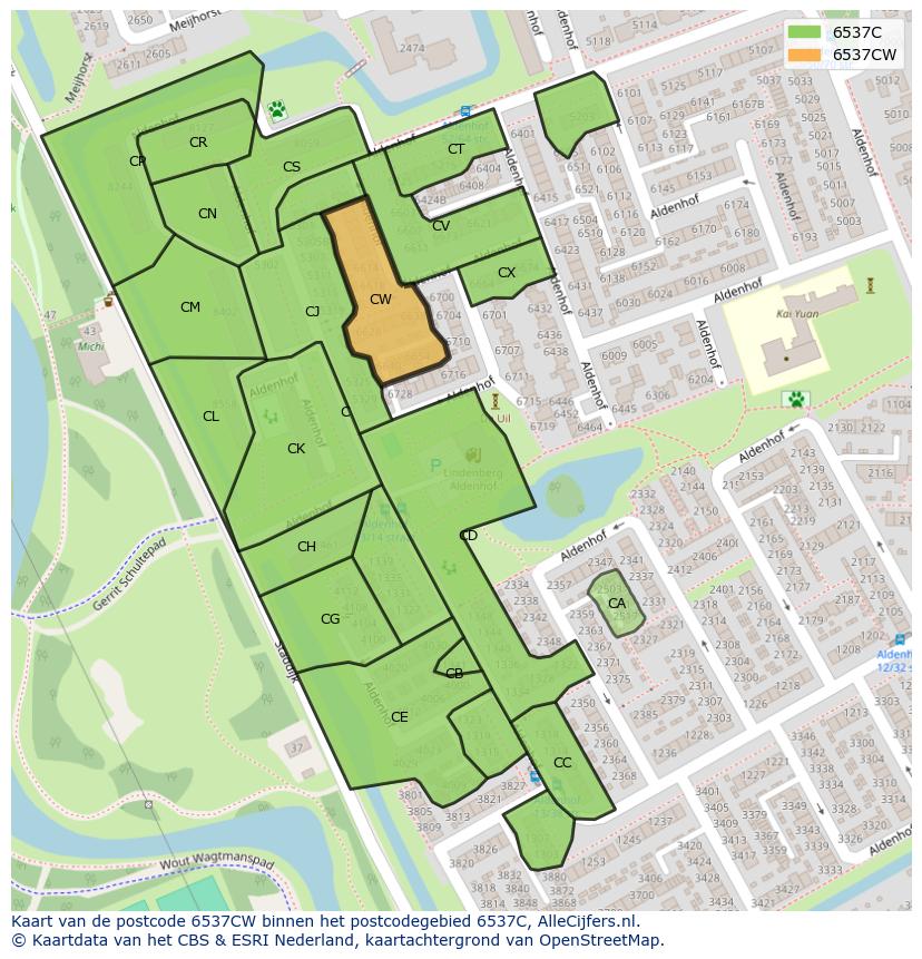 Afbeelding van het postcodegebied 6537 CW op de kaart.