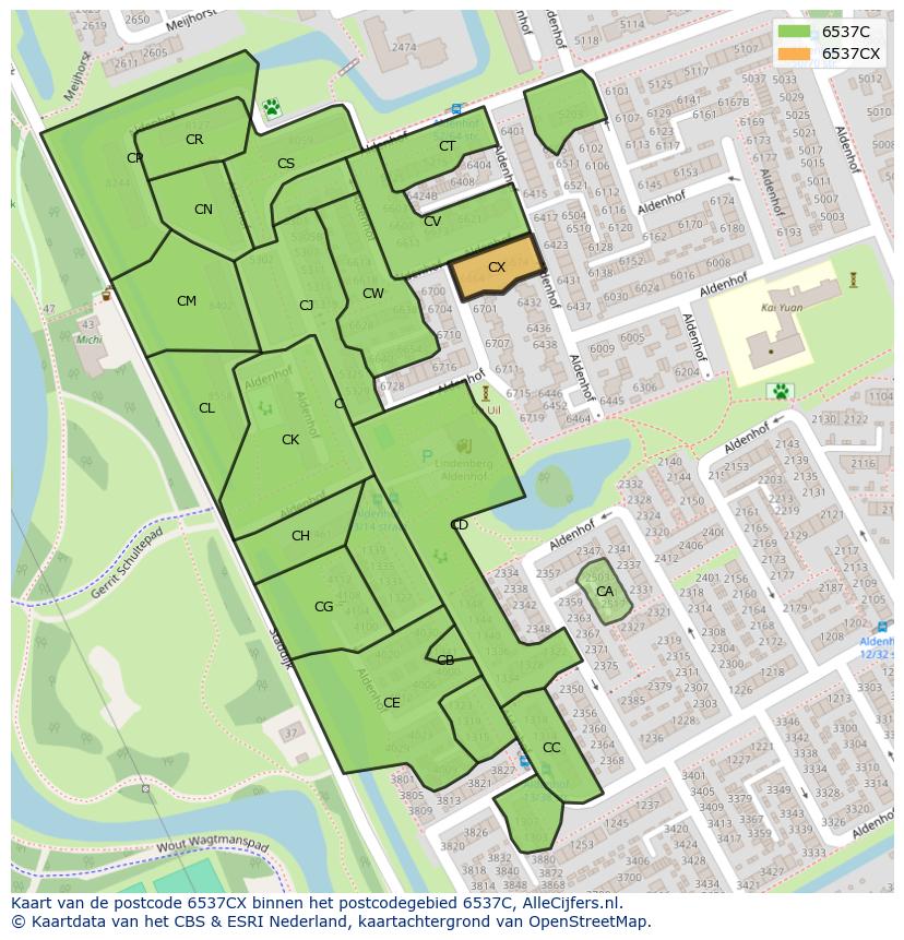 Afbeelding van het postcodegebied 6537 CX op de kaart.