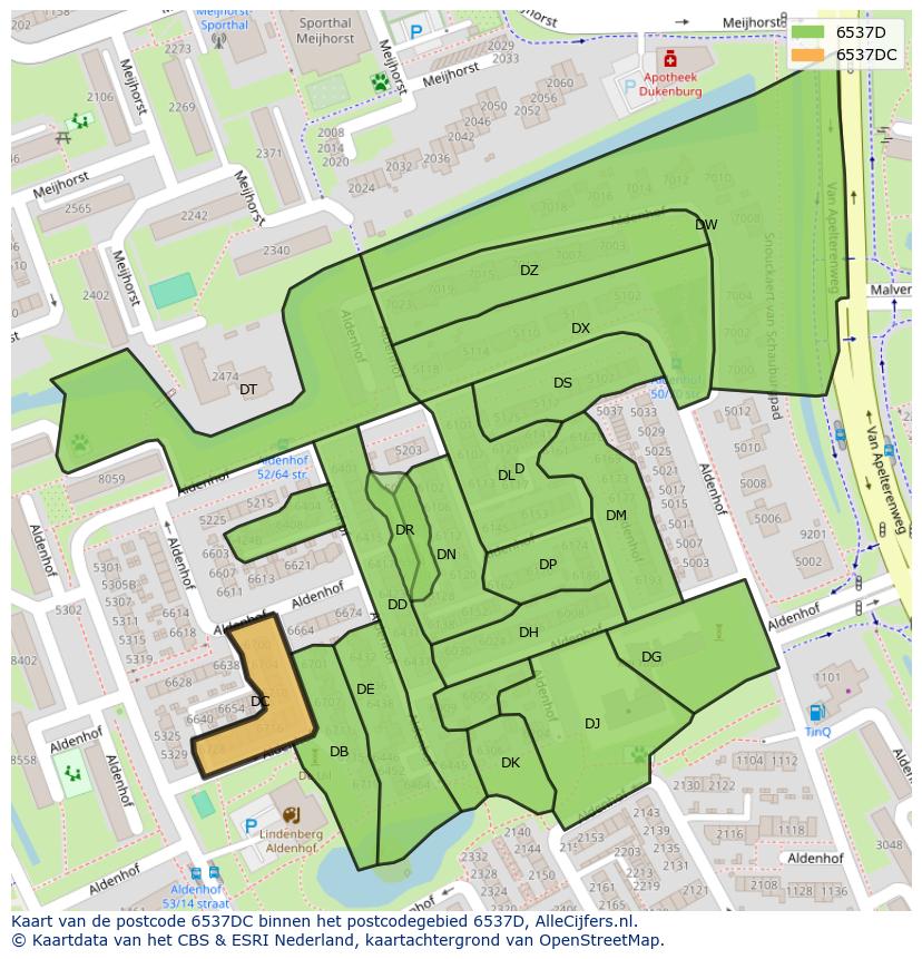 Afbeelding van het postcodegebied 6537 DC op de kaart.
