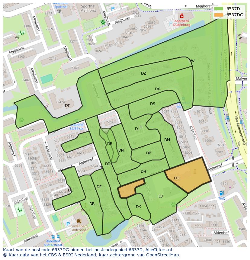 Afbeelding van het postcodegebied 6537 DG op de kaart.