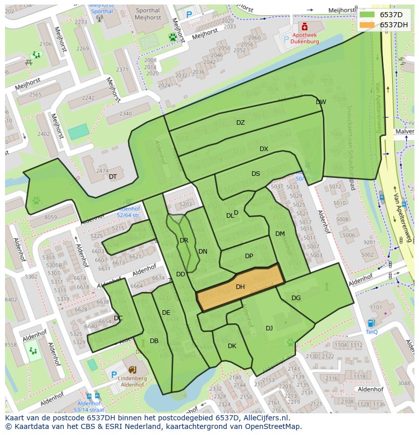 Afbeelding van het postcodegebied 6537 DH op de kaart.