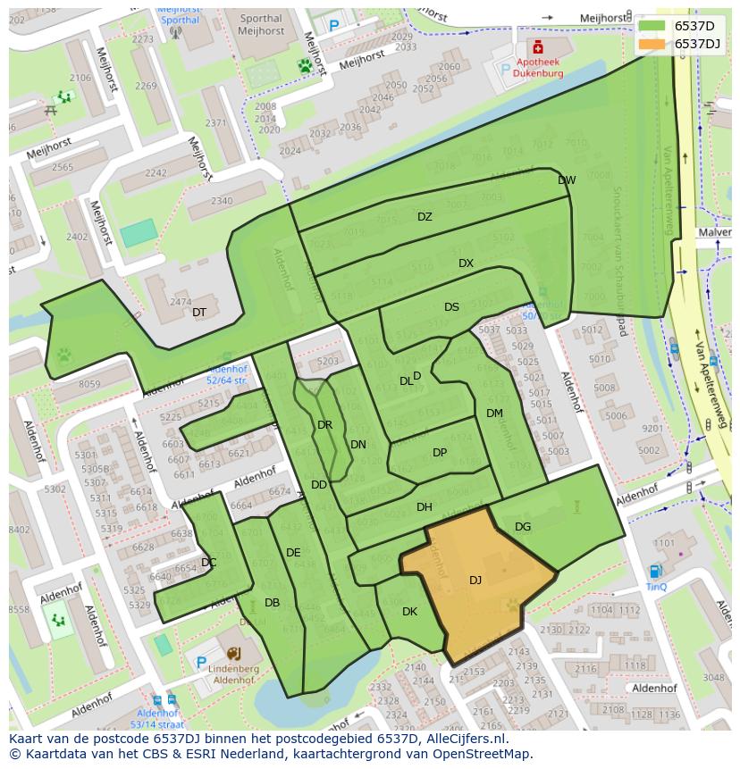 Afbeelding van het postcodegebied 6537 DJ op de kaart.