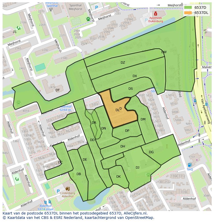 Afbeelding van het postcodegebied 6537 DL op de kaart.