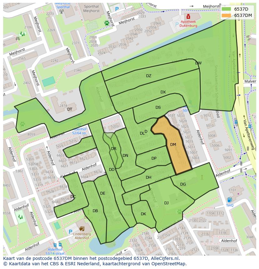 Afbeelding van het postcodegebied 6537 DM op de kaart.