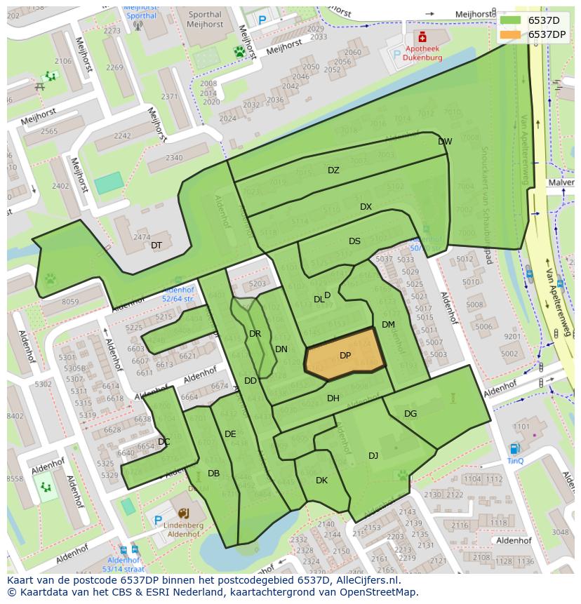 Afbeelding van het postcodegebied 6537 DP op de kaart.
