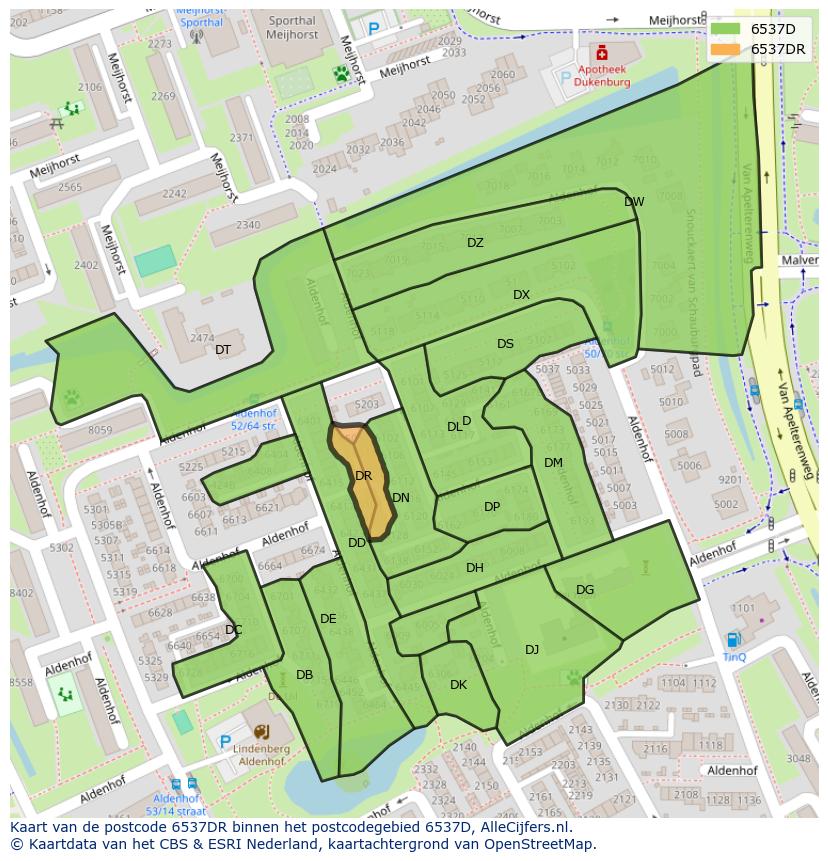 Afbeelding van het postcodegebied 6537 DR op de kaart.
