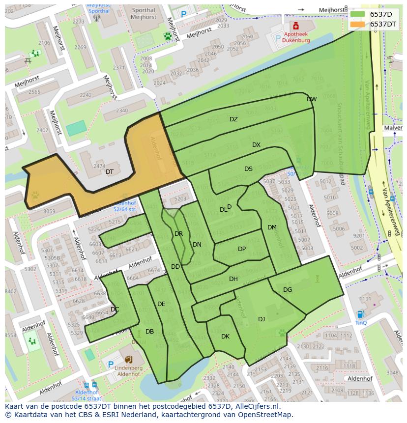 Afbeelding van het postcodegebied 6537 DT op de kaart.