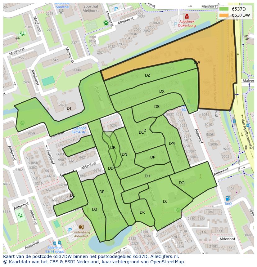 Afbeelding van het postcodegebied 6537 DW op de kaart.