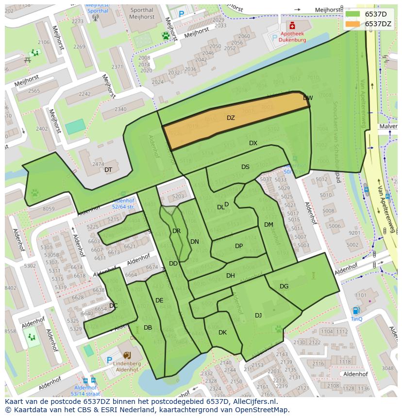 Afbeelding van het postcodegebied 6537 DZ op de kaart.