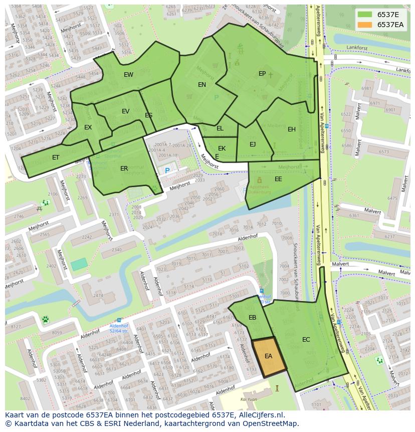 Afbeelding van het postcodegebied 6537 EA op de kaart.
