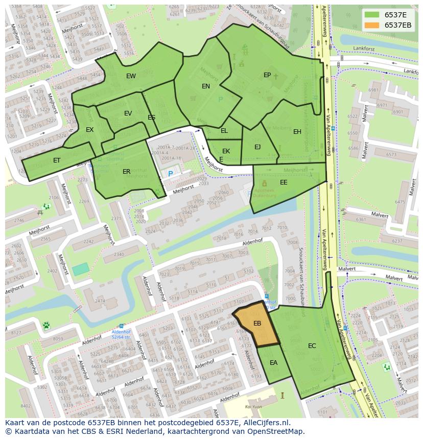Afbeelding van het postcodegebied 6537 EB op de kaart.