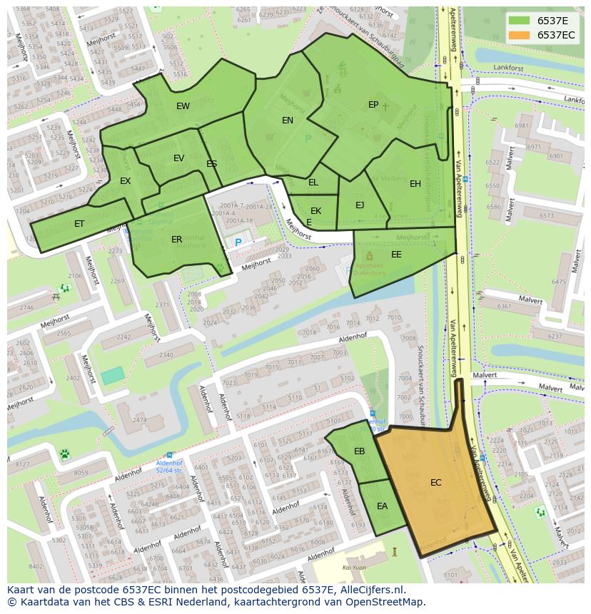 Afbeelding van het postcodegebied 6537 EC op de kaart.