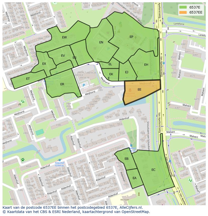 Afbeelding van het postcodegebied 6537 EE op de kaart.