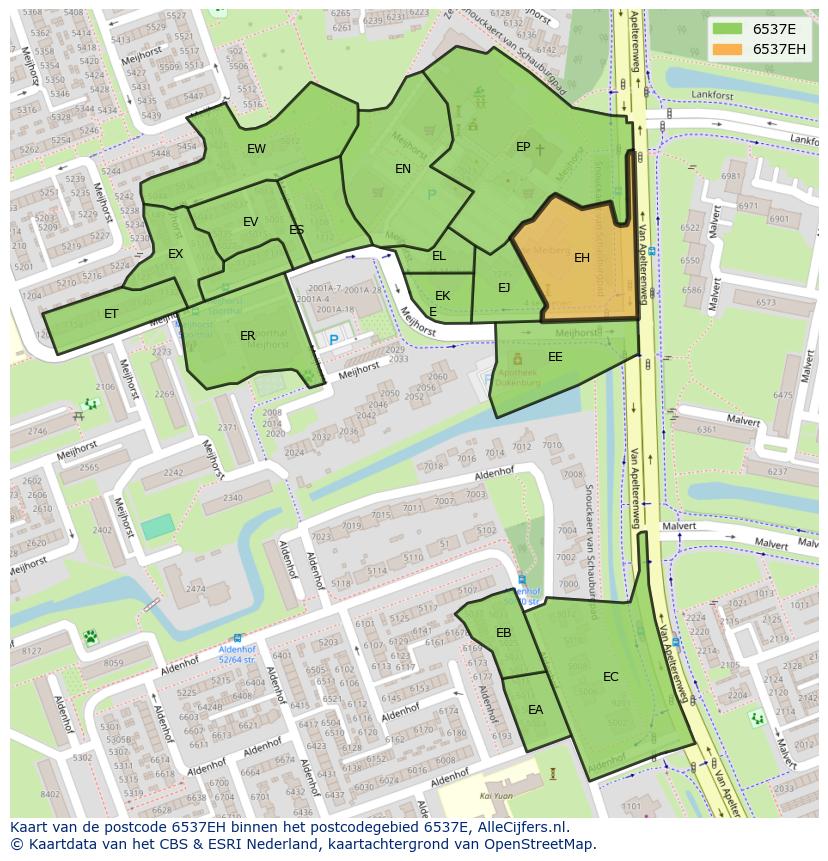 Afbeelding van het postcodegebied 6537 EH op de kaart.