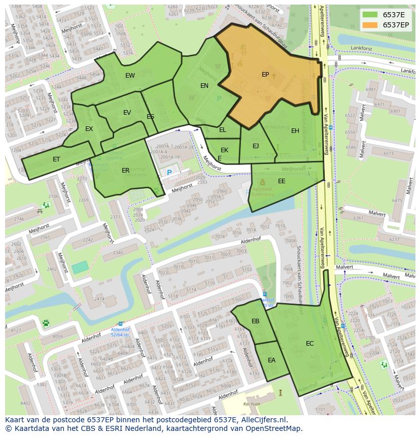 Afbeelding van het postcodegebied 6537 EP op de kaart.