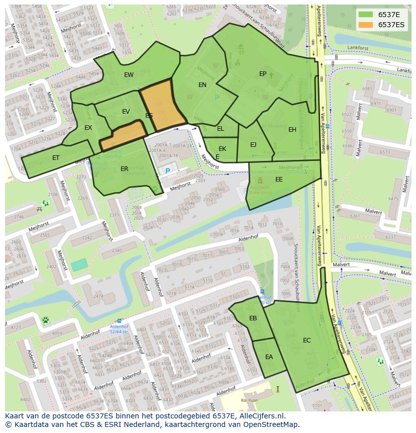Afbeelding van het postcodegebied 6537 ES op de kaart.