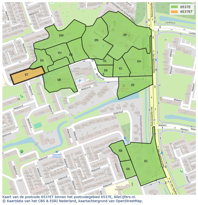 Afbeelding van het postcodegebied 6537 ET op de kaart.