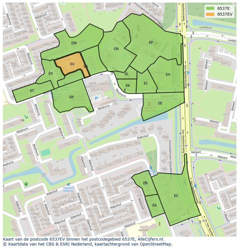 Afbeelding van het postcodegebied 6537 EV op de kaart.
