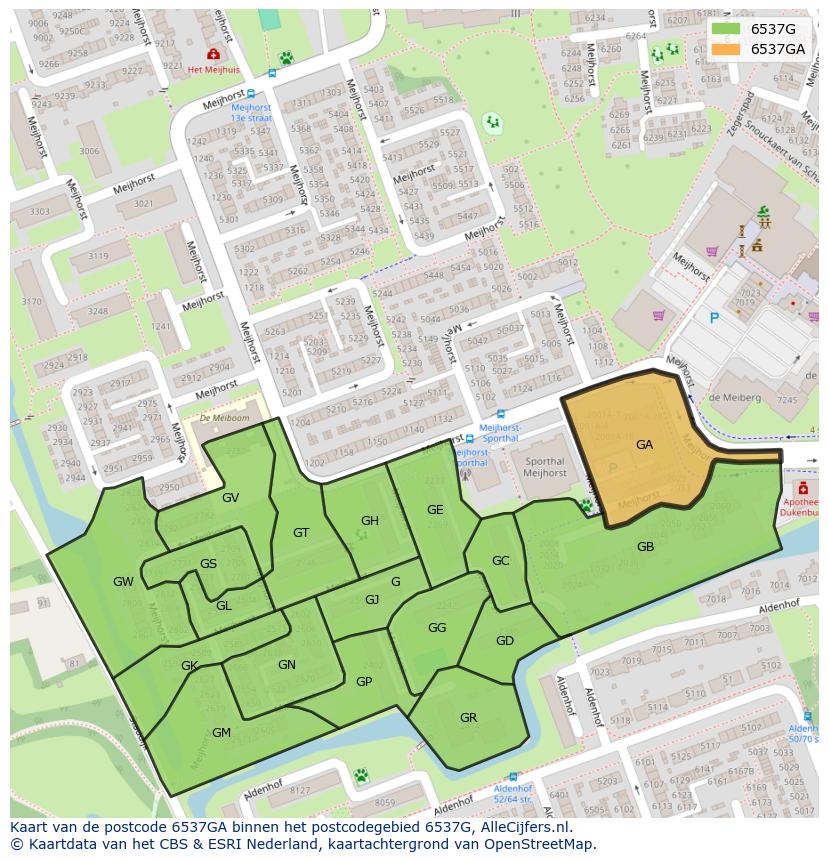 Afbeelding van het postcodegebied 6537 GA op de kaart.