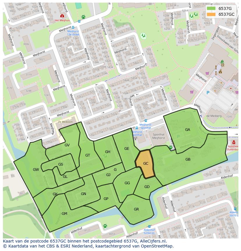 Afbeelding van het postcodegebied 6537 GC op de kaart.