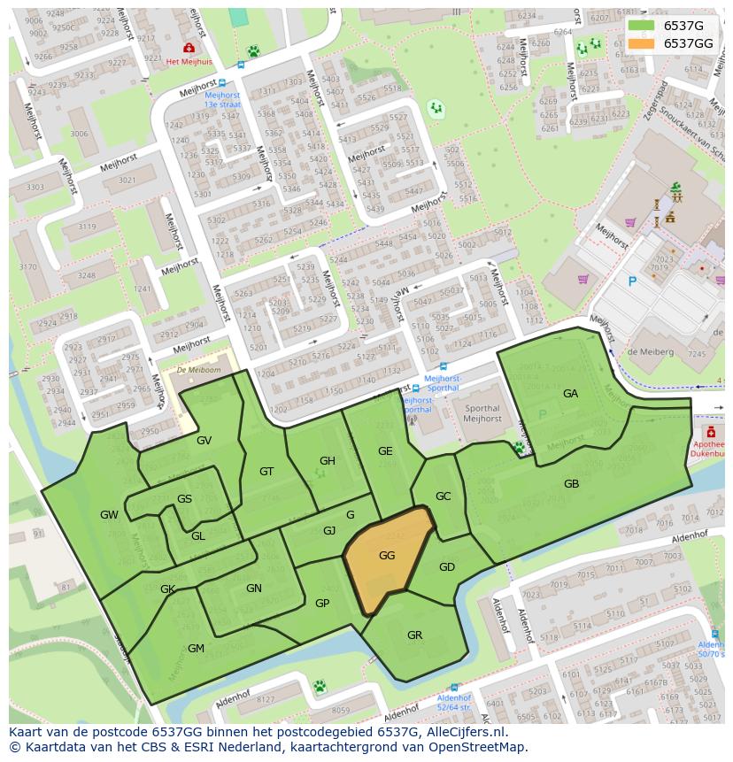 Afbeelding van het postcodegebied 6537 GG op de kaart.