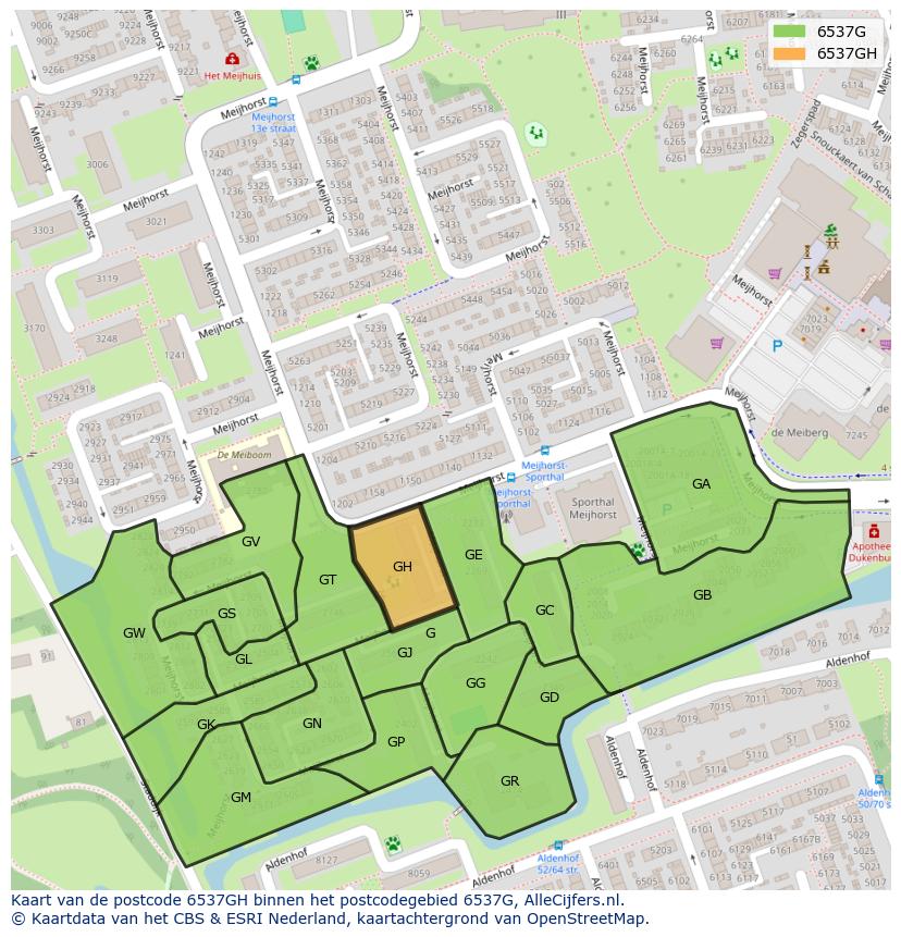Afbeelding van het postcodegebied 6537 GH op de kaart.