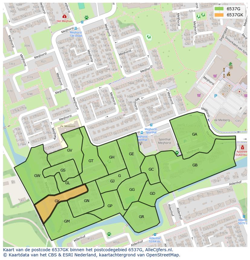 Afbeelding van het postcodegebied 6537 GK op de kaart.