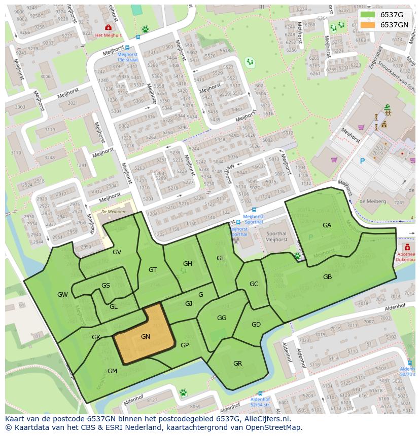 Afbeelding van het postcodegebied 6537 GN op de kaart.