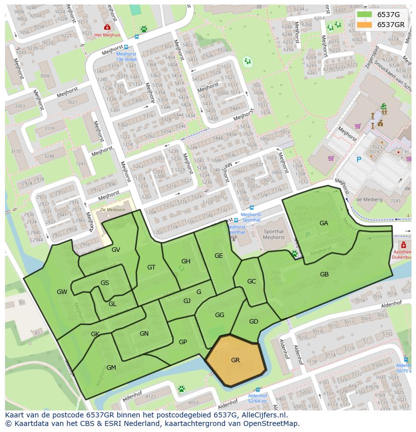 Afbeelding van het postcodegebied 6537 GR op de kaart.