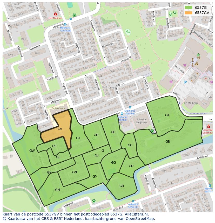 Afbeelding van het postcodegebied 6537 GV op de kaart.