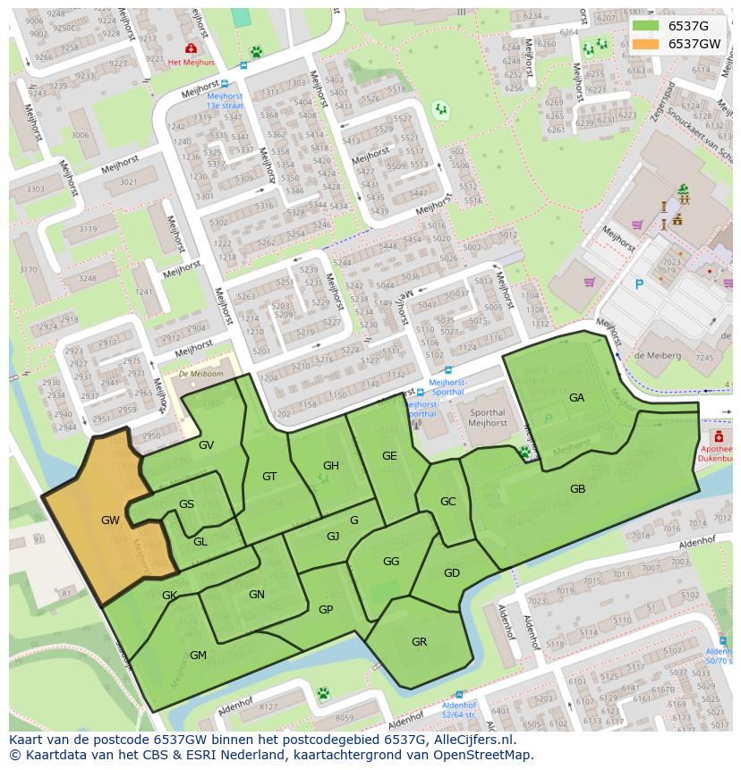 Afbeelding van het postcodegebied 6537 GW op de kaart.